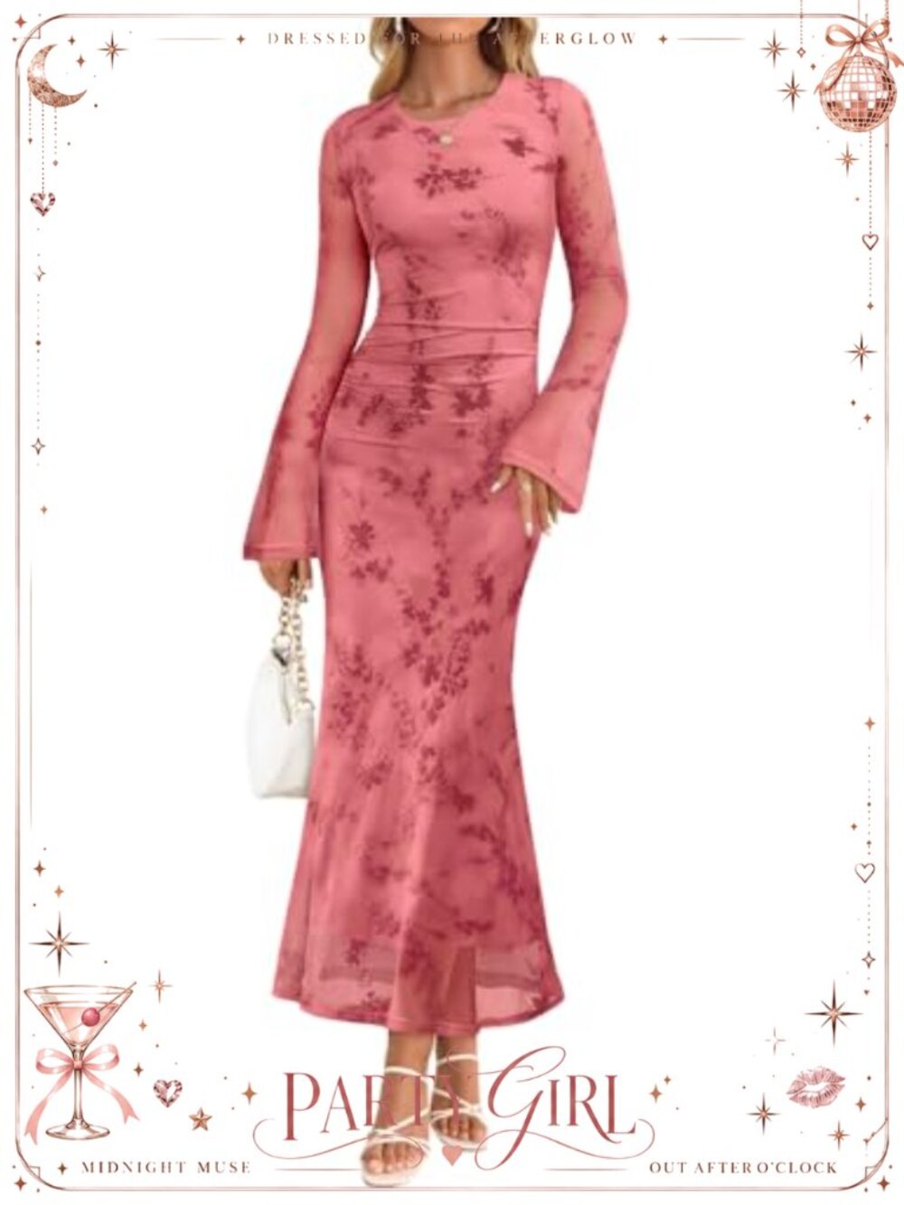 Women's Long Sleeve Floral Mesh Bodycon Ruched Maxi Formal Dress